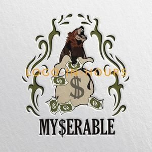 Myserable apparel logo with an illustrated character and money-bag crest