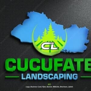 Cucufate Landscaping logo with green pine trees over a blue map shape