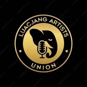 Gold circular Luacjang Artists Union logo with a microphone emblem on black
