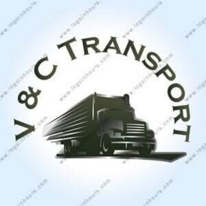 V and C Transport circular logo with a semi truck for a trucking company