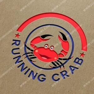 Running Crab seafood restaurant logo with a red crab in a circular badge